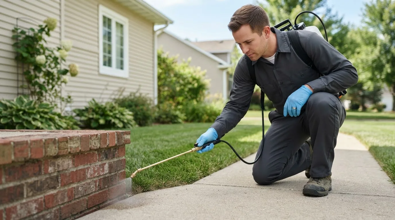 Pest control technician treating a home near Medicine Lodge, KS